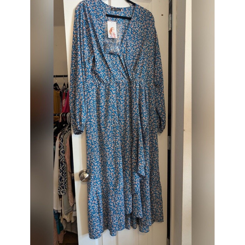 NWT PrettyGarden Blue Ditsy Floral Wrap Boho Maxi Dress — Size XXL